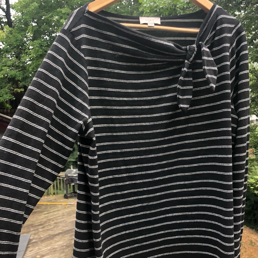 NWT LOFT Black Tie-Neck Top with White Stripes